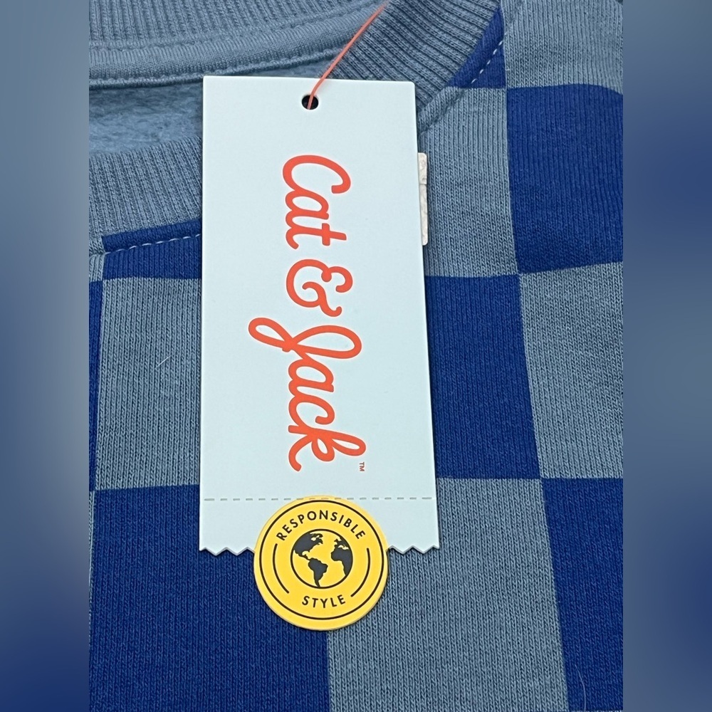 Cat & Jack Children’s Two Tone Blue Checkered Crewneck Boys Sweatshirt 6/7 - Picture 4 of 16